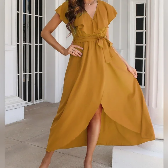 Romantic Ruffled Midi Dress with Wrap Silhouette and Slit - Picture 3 of 7